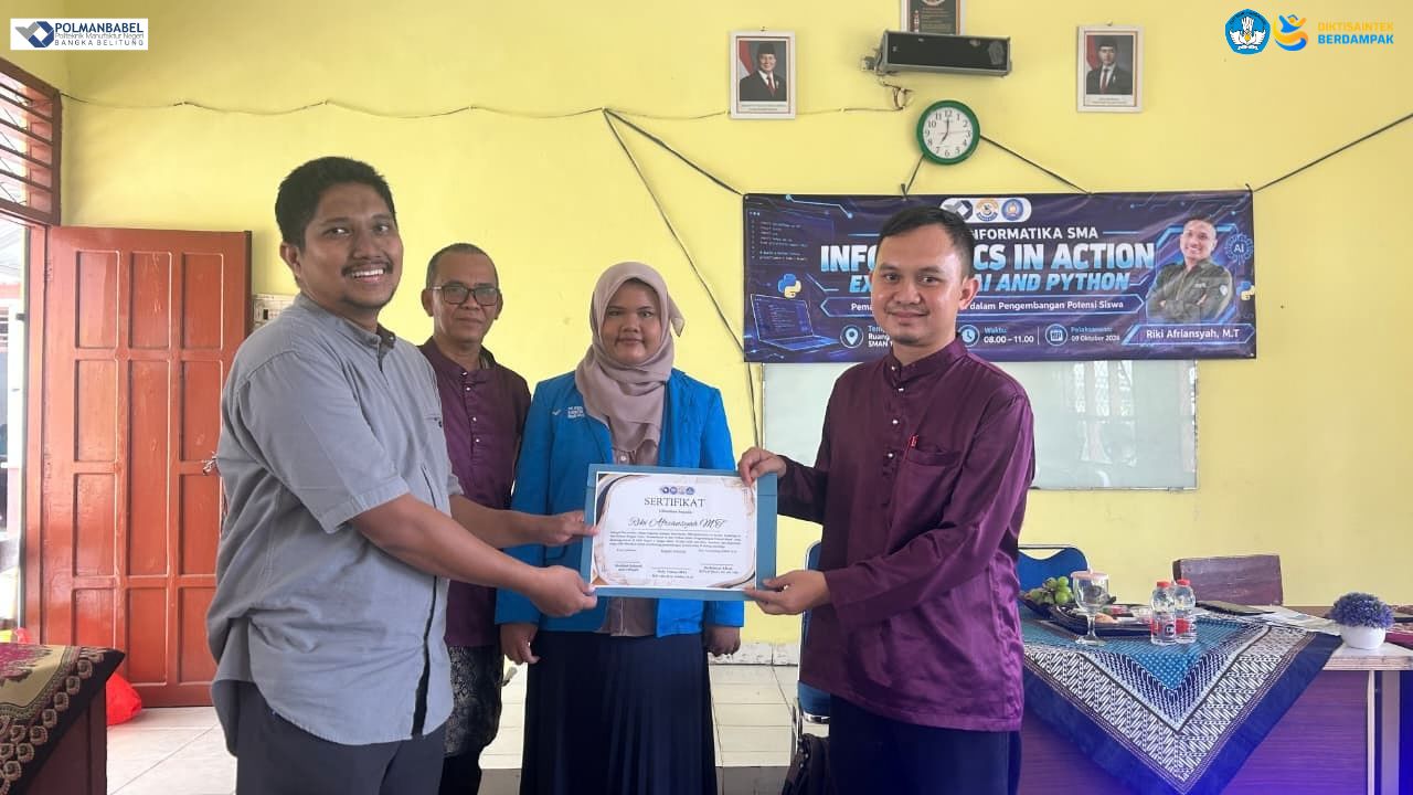 Riki Afriansyah, M.T., a lecturer at the Bangka Belitung State Manufacturing Polytechnic (Polman Negeri Babel), received a certificate as a resource person for AI and Python learning at SMA Negeri 1 Sungai Selan.